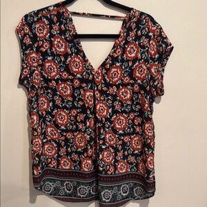 💚DR2 Black & Orange Flutter Sleeve V-Neck Blouse Versatile Casual Office Chic